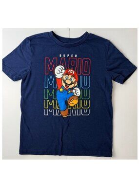 Official Nintendo Super Mario Graphic T-Shirt Kids S (6) Blue Unisex Tee